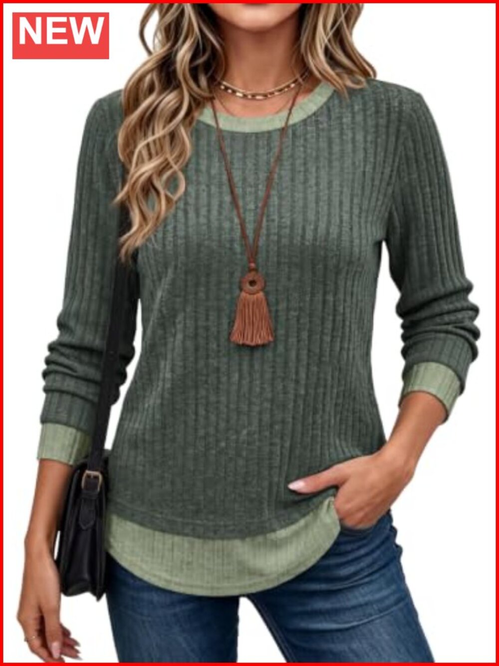Womens Long Sleeve Tunic Top Lightweight Knit Faux Layered Crew Neck
